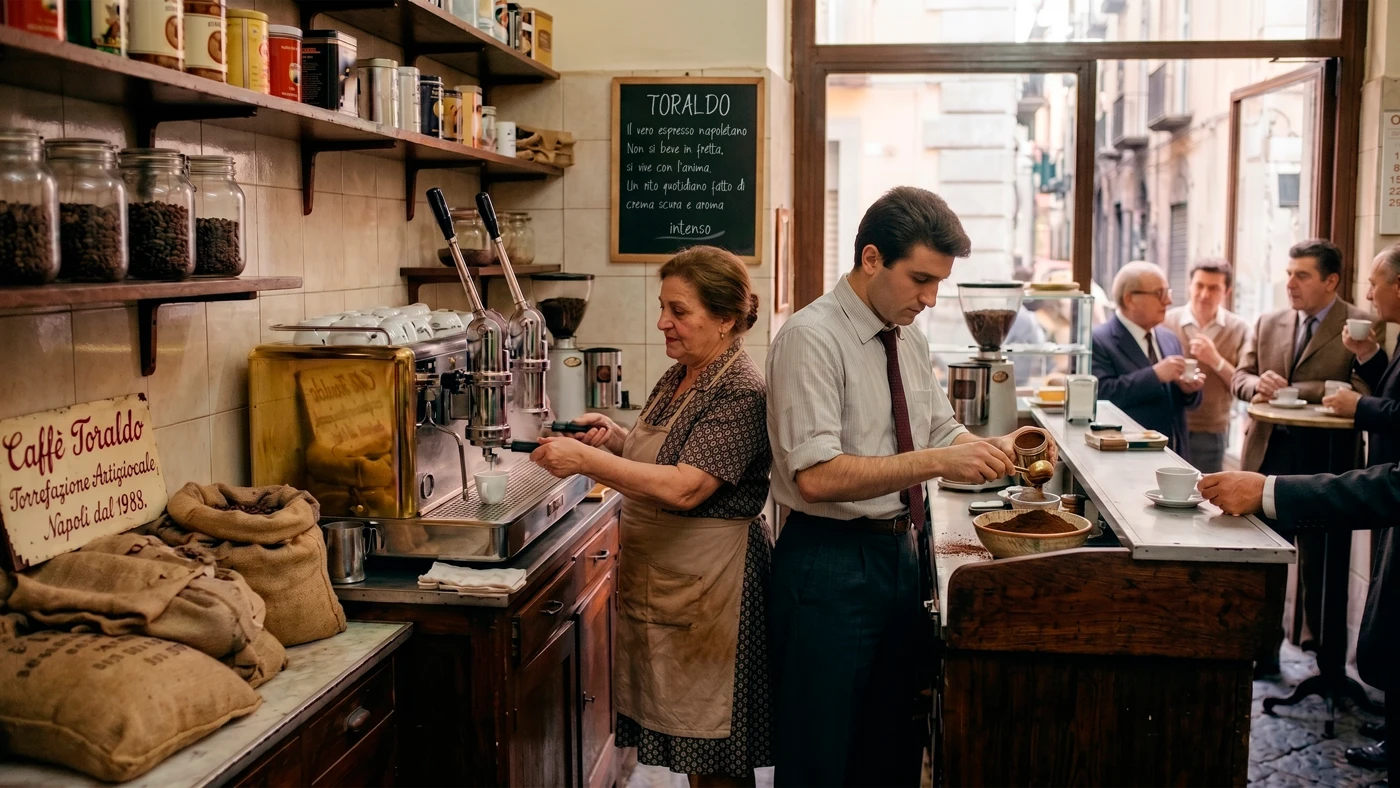 Кварталното кафене Caffè Toraldo — семейството приготвя еспресо зад бара, клиенти пият кафе на входа